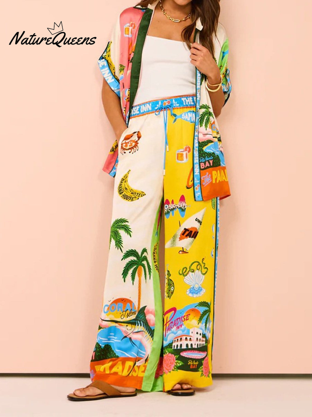 Women’s Printed Short Sleeve Shirt And Trousers Casual Suit