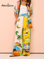 Women’s Printed Short Sleeve Shirt And Trousers Casual Suit