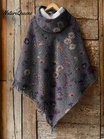 Women's Floral Art Print Casual Knitted Blanket Poncho Hood Cape