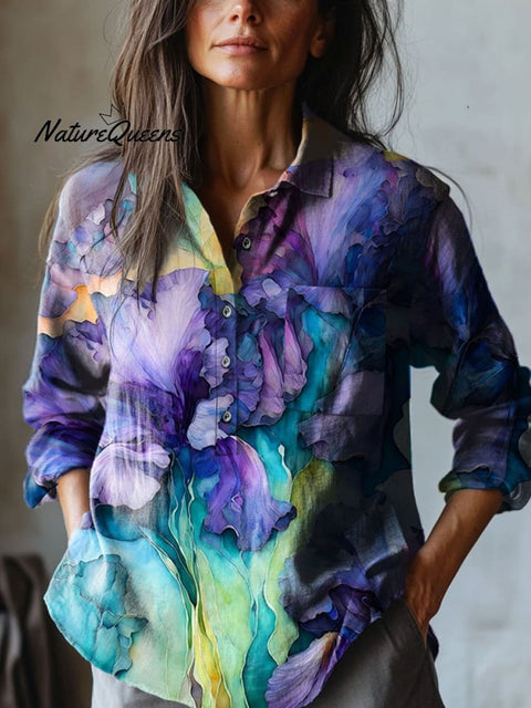 Women's  Flowers Art Print  Casual Cotton And Linen Shirt