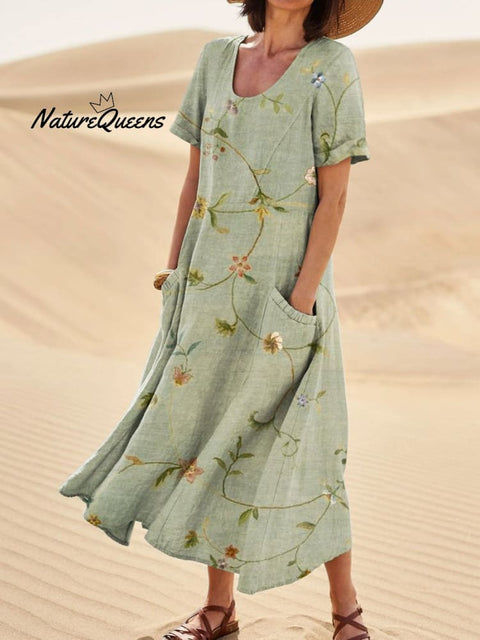 Women’s Elegant Flowers Art Print Casual Linen Pocket Dress Multicolor / S