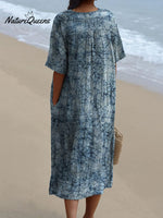 Women's Blue Ink Floral Pattern Beach Resort Dress