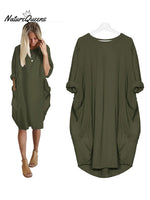 Women’s Solid Color Loose Elegant Casual Long - Sleeved Pocket Dress Dark Green / S