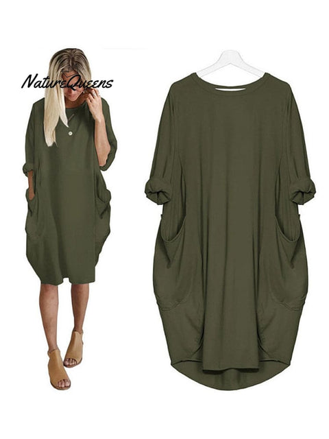 Women’s Solid Color Loose Elegant Casual Long - Sleeved Pocket Dress Dark Green / S