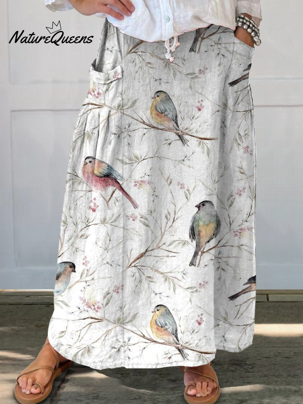 Bird Print Women’s Linen Elastic Waistband Pocket Skirt Multicolor / S