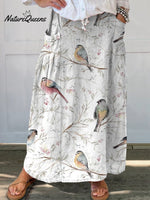 Bird Print Women’s Linen Elastic Waistband Pocket Skirt Multicolor / S