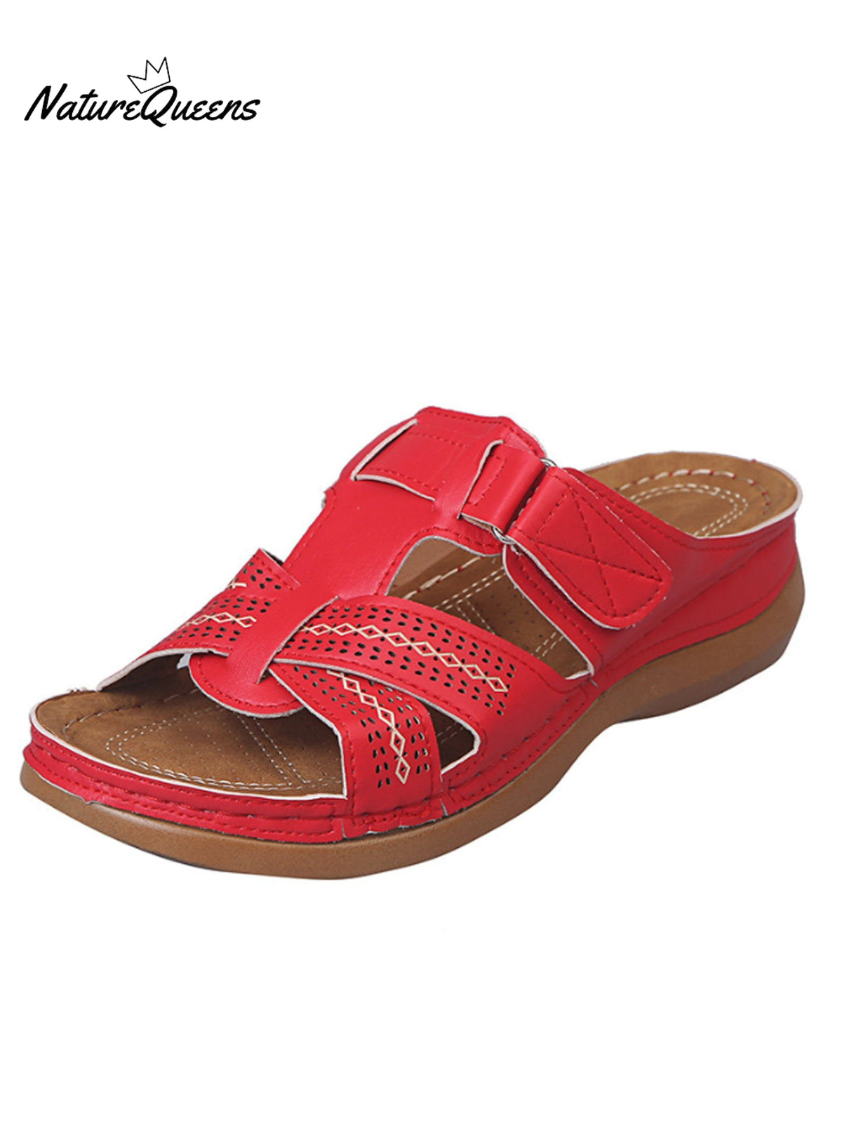 Women’s Wedges With Thick Bottom Cut Out Stitching Stripes Slippers Red / 36