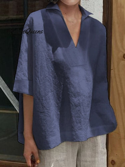 Women’s V - Neck Cotton And Linen Solid Colour Loose Mid - Sleeve Shirt Dark Blue / S