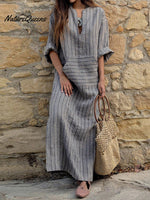 Cosy Cotton And Linen Striped Loose Maxi Dress Grey / S