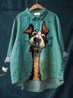 Curious Dog Painting Printed Women's Casual Cotton And Linen Shirt