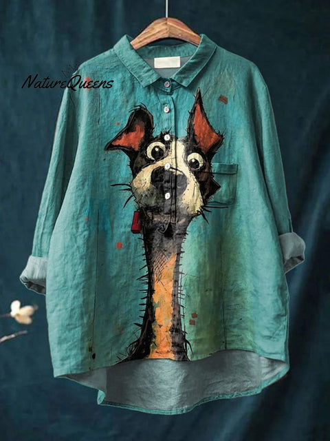 Curious Dog Painting Printed Women's Casual Cotton And Linen Shirt