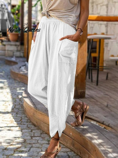 Women's Solid Color Loose Elegant Casual Simple Cotton And Linen Pants