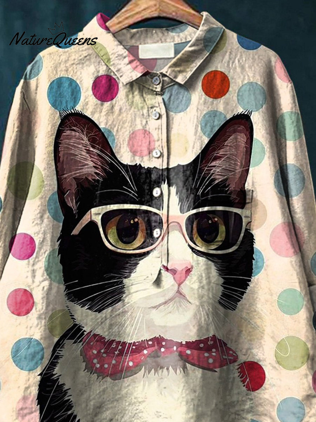 Cat In Glasses Graphic Printed Women's Casual Cotton And Linen Shirt
