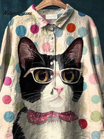Cat In Glasses Graphic Printed Women's Casual Cotton And Linen Shirt