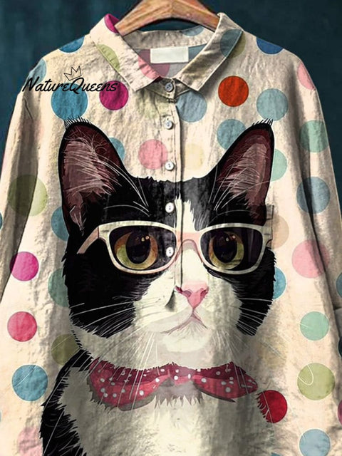 Cat In Glasses Graphic Printed Women's Casual Cotton And Linen Shirt