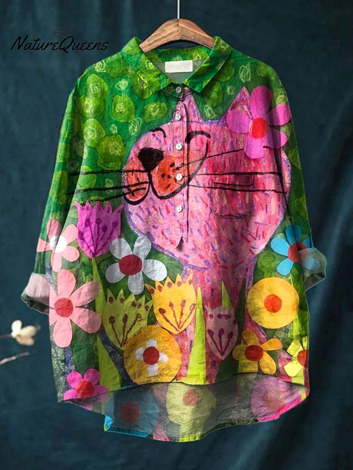 Lovely Cat In Summer Garden Art Printed Women's Casual Cotton And Linen Shirt