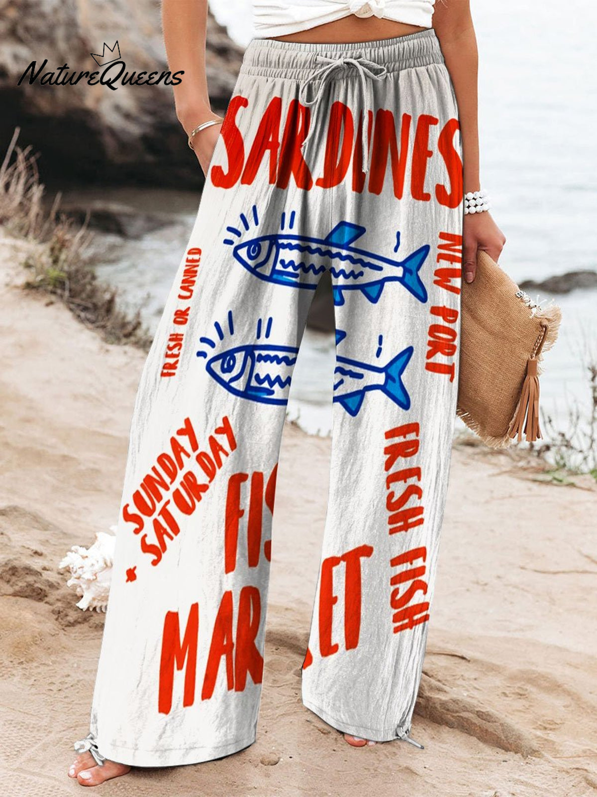 Women's Vintage Fish Sardine Art Print Cotton And Linen Casual Pants