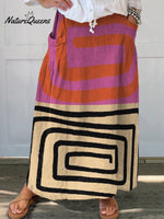 Women's Color-blocked Abstract Graphics Linen Pocket Skirt
