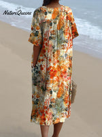 Women's Orange Botanical Print Pocket Linen Dress（Convertible Dress With Front And Back Option）