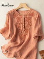 Women’s Retro Embroidery Round Neck Thin Blouse Orange / M