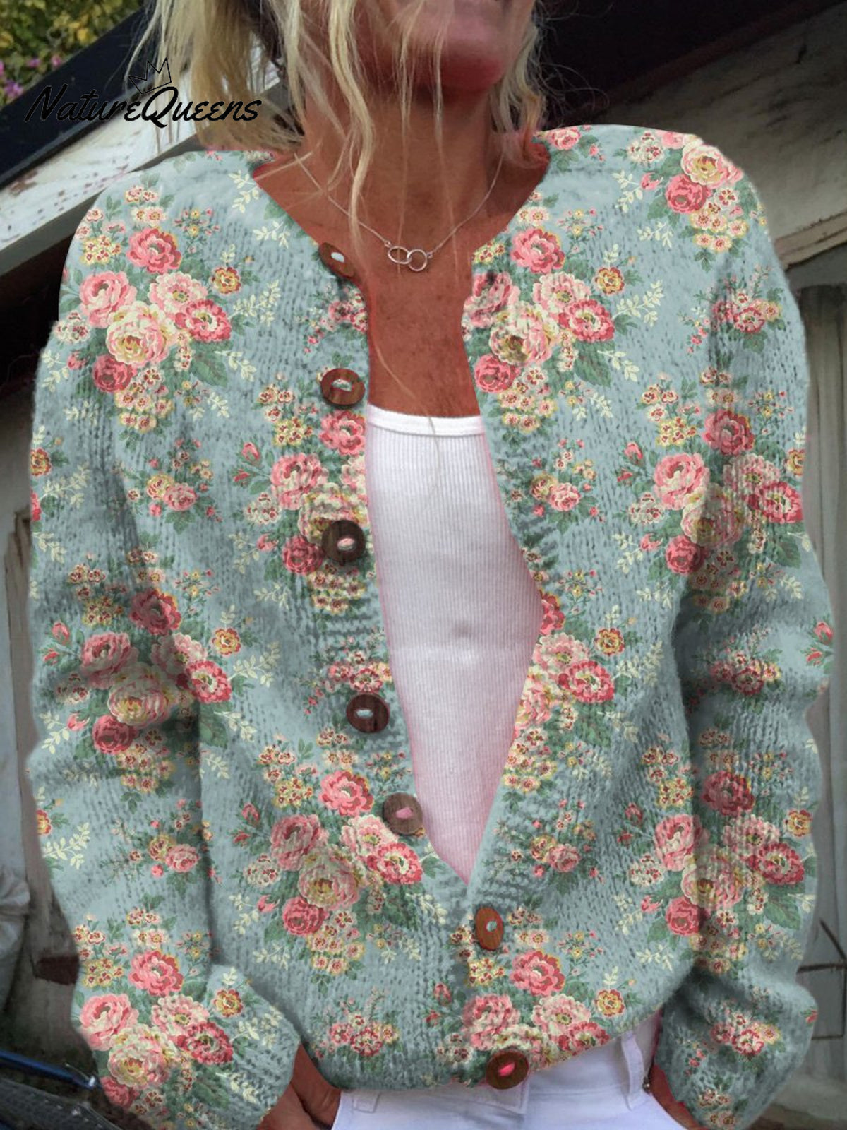 Romantic French Rose Pattern Printed Buttoned Cardigan Sweater