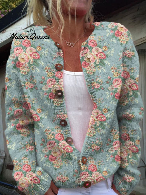 Romantic French Rose Pattern Printed Buttoned Cardigan Sweater