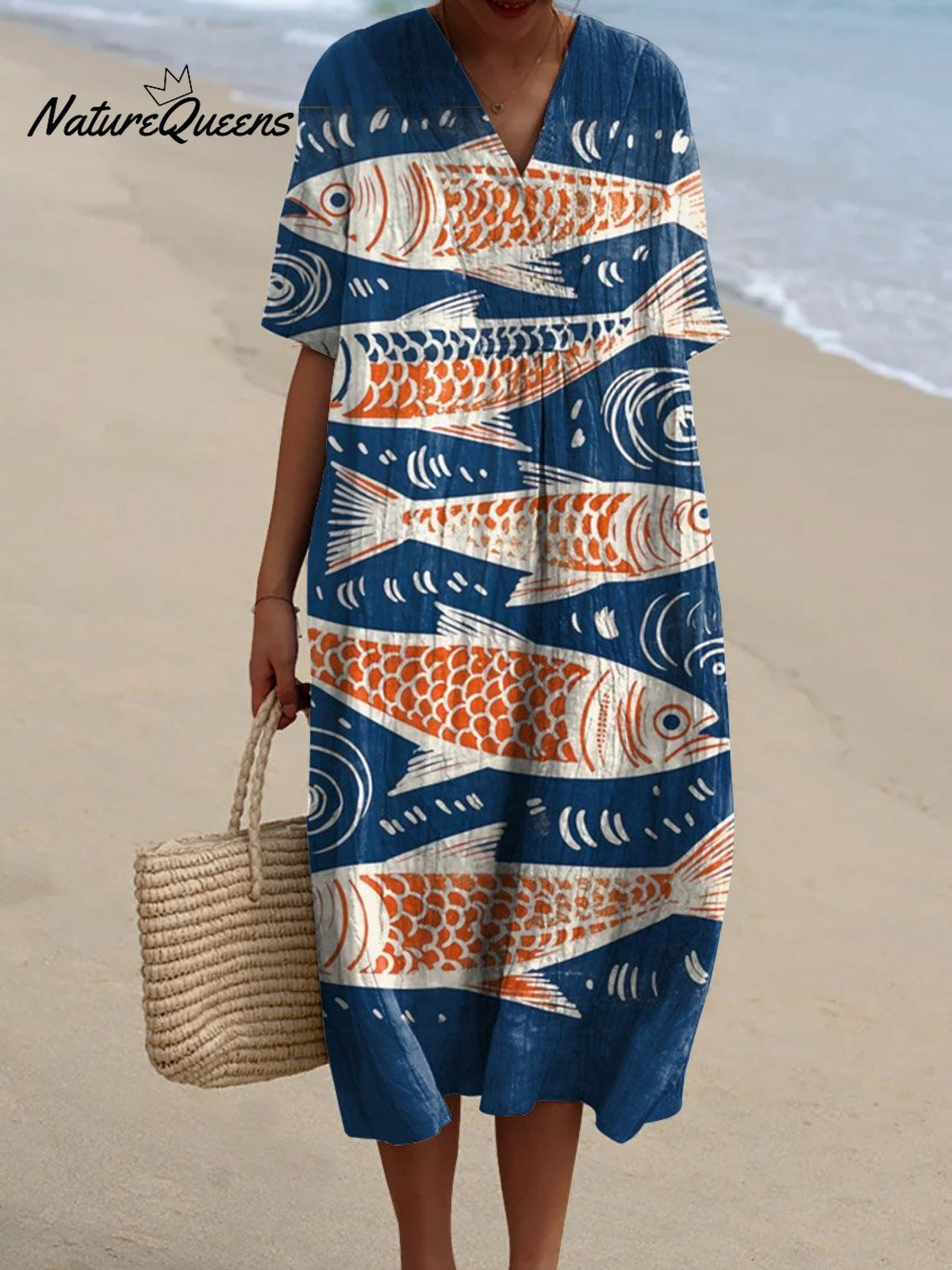 Women's Vintage Lovely Fish Art Print Flowy Dress