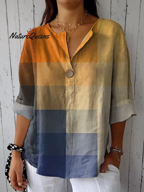 Women's Blue Yellow Gradient Mosaic Abstract Art Casual Cotton Linen Shirt