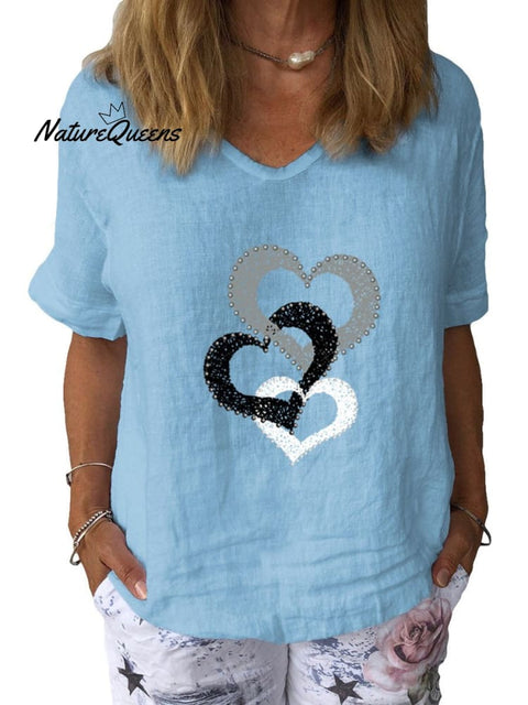 Women’s Love Art Print Cotton & Linen Casual Top Light Blue / S