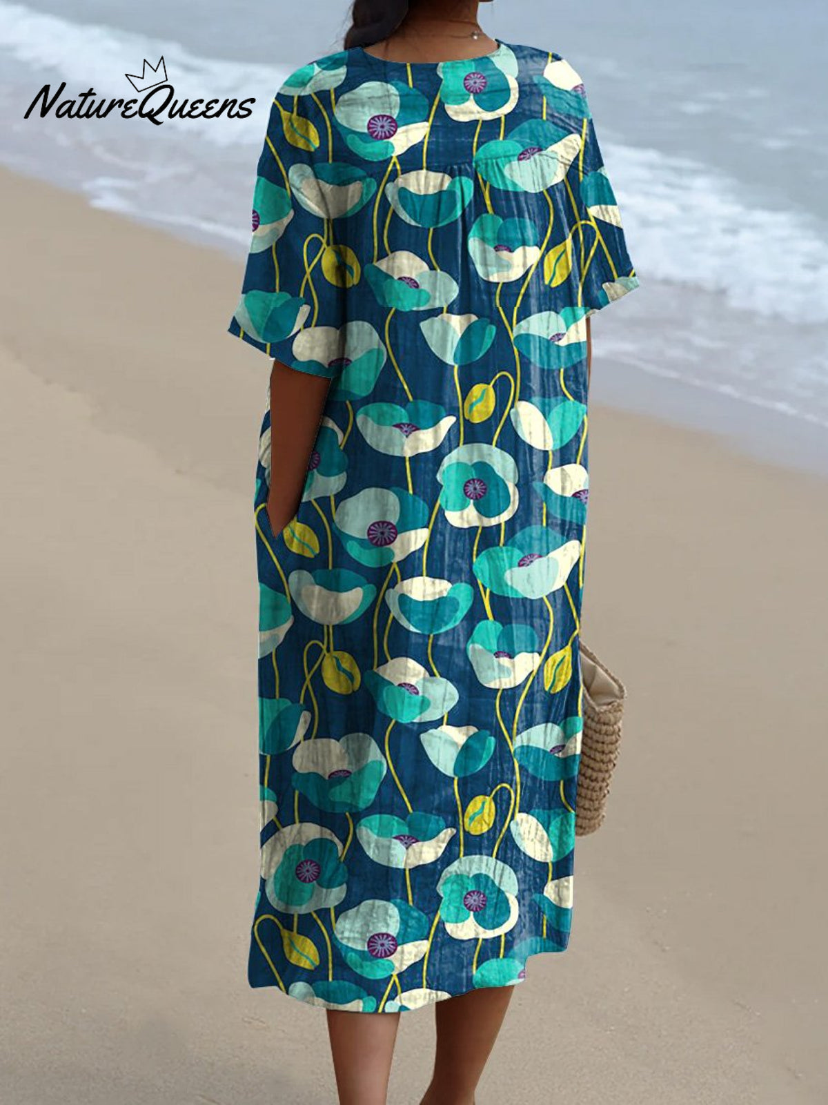 Blue Poppy Floral Pattern Printed Women's Flowy Dress