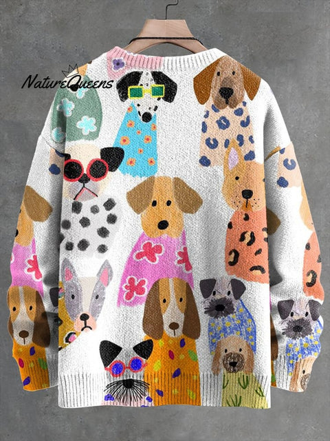 Men's V-neck Women's Colorful Fun Cartoon Puppy Print Long Sleeve Sweater