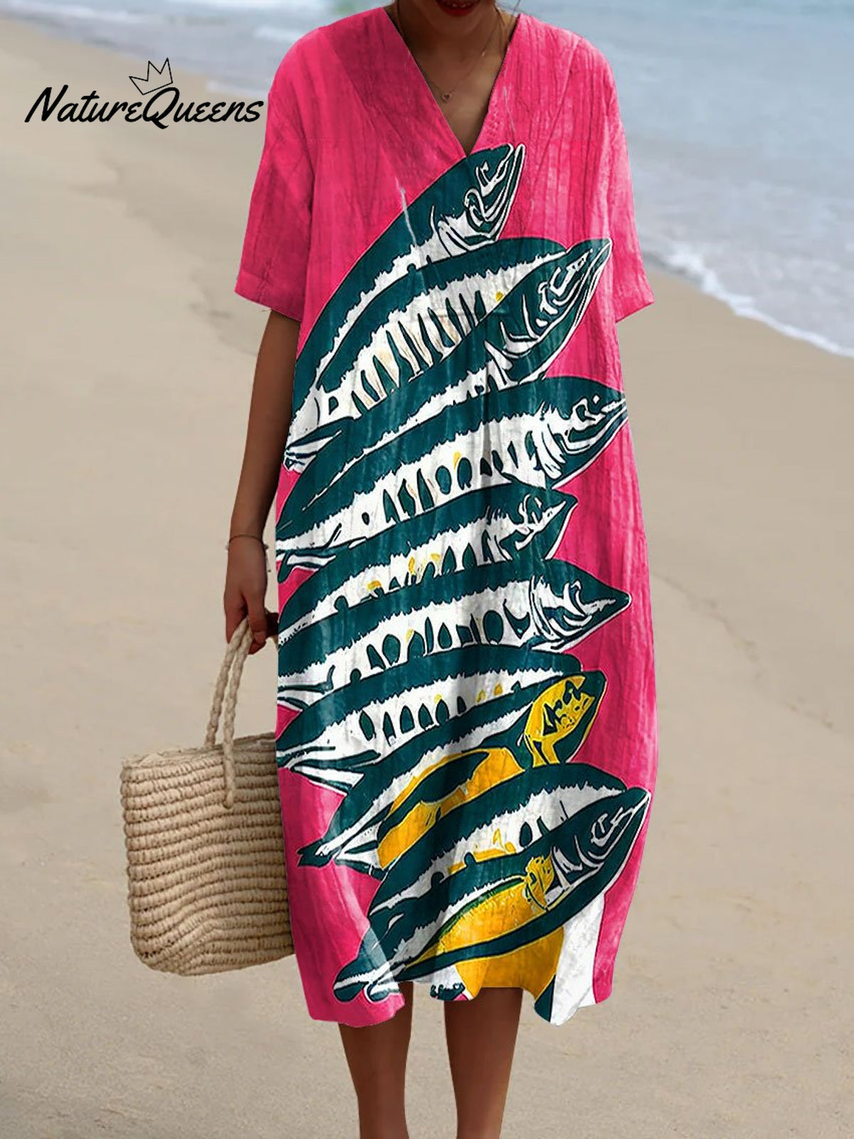 Women's Vintage Fish Sardine Art Print Flowy Dress