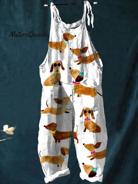 Women's Dachshund Dog Art Print Colorful Art Casual 100% Cotton Wide Leg Jumpsuit