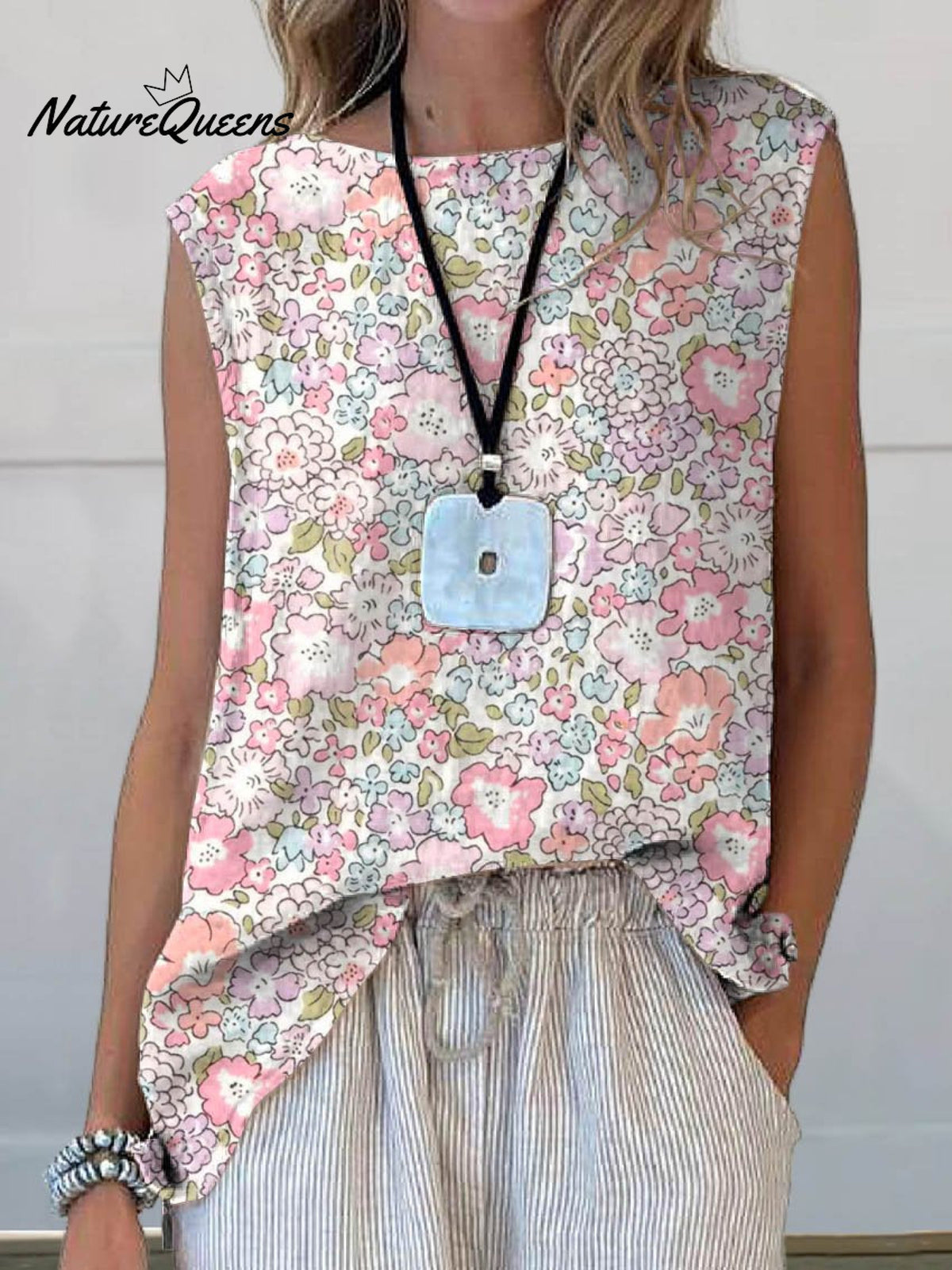 Women’s Retro Elegant Floral Art Print Casual Cotton And Linen Tank Top Multicolor / S