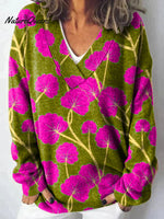 Vintage Flower Art Print Knit V-neck Pullover Sweater
