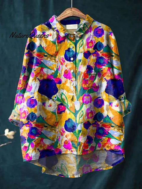 Women's Flower Print Casual Cotton And Linen Shirt