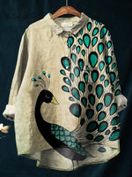 Women'sPeacock Art Print Casual Cotton And Linen Shirt