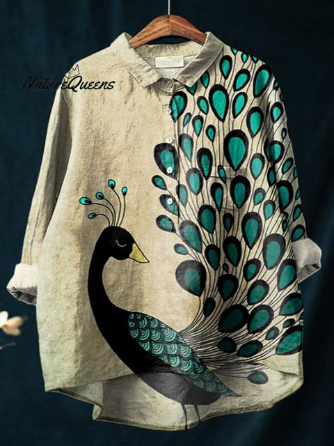 Women's  Peacock   Art Print Casual Cotton And Linen Shirt