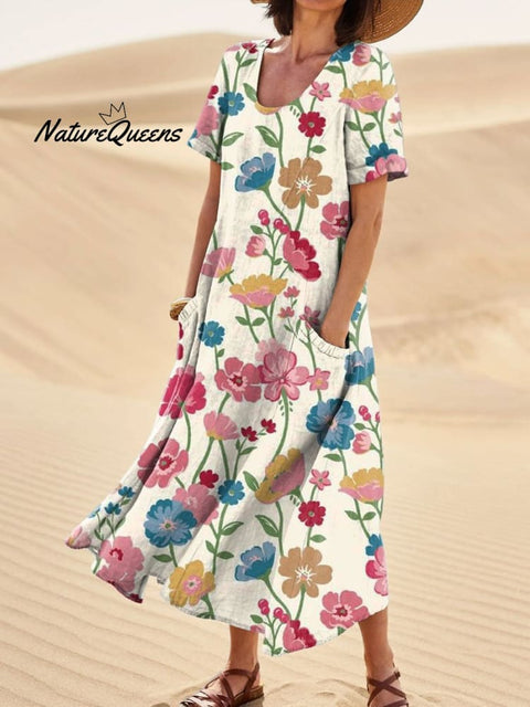 Women’s Elegant Flowers Art Print Casual Linen Pocket Dress Multicolor / S