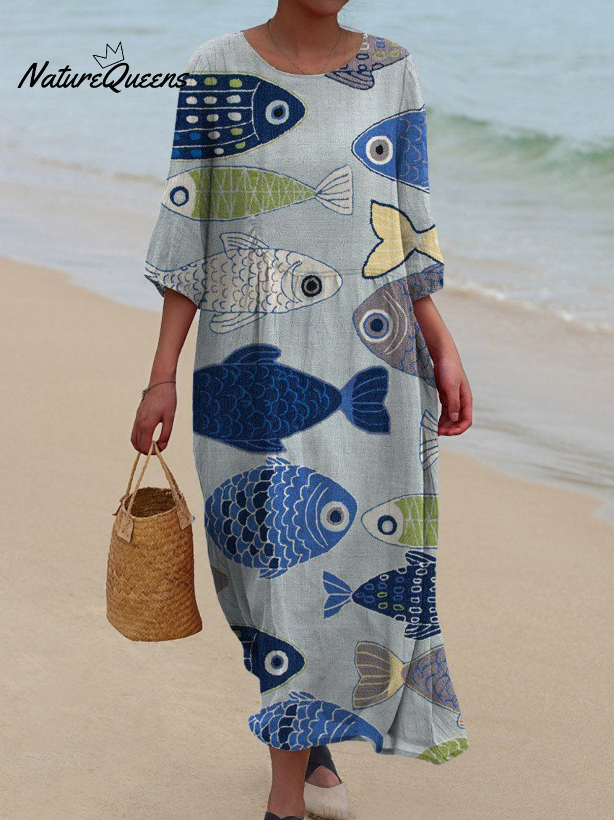 Women's Vintage Lovely Fish Art Print Pocket Cotton Dress