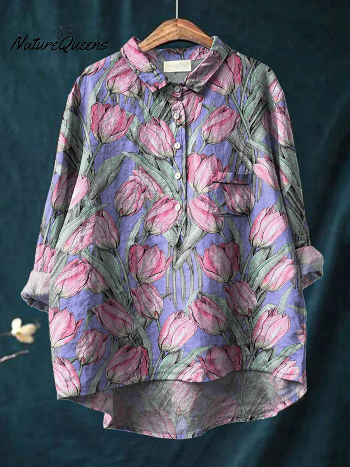 Women's Vintage Lovely Tulips Art Print Casual Cotton And Linen Shirt