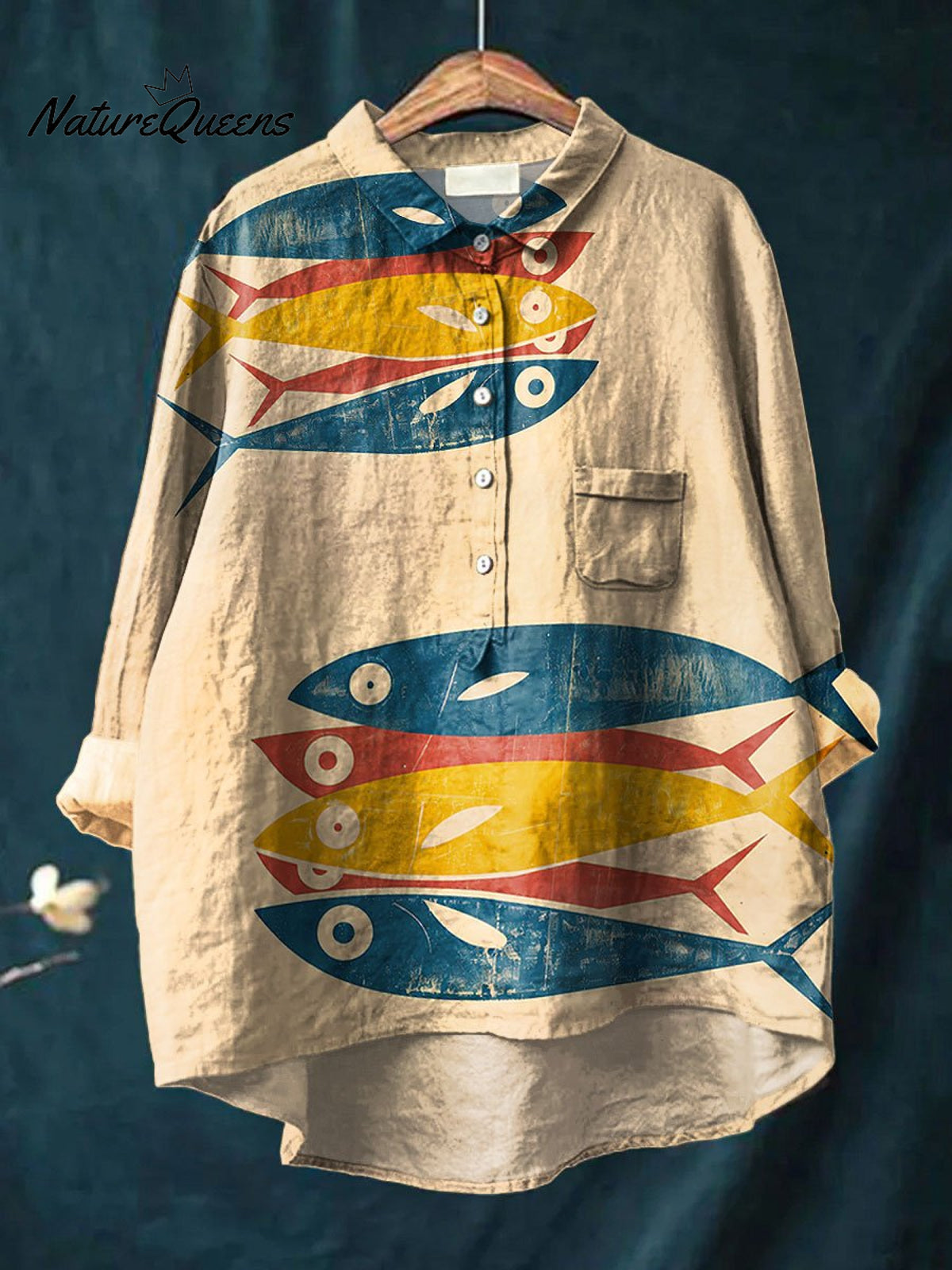 Women's Vintage Fish Art Print Casual Cotton And Linen Shirt