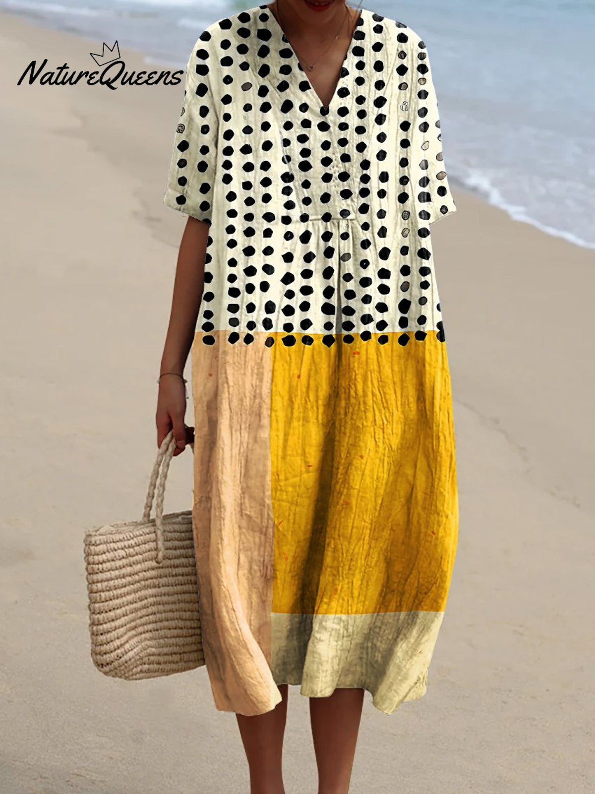 Women's Yellow Color-blocked Dots Watercolor Splash Fluid Art Print Flowy Dress