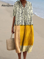 Women's Yellow Color-blocked Dots Watercolor Splash Fluid Art Print Flowy Dress