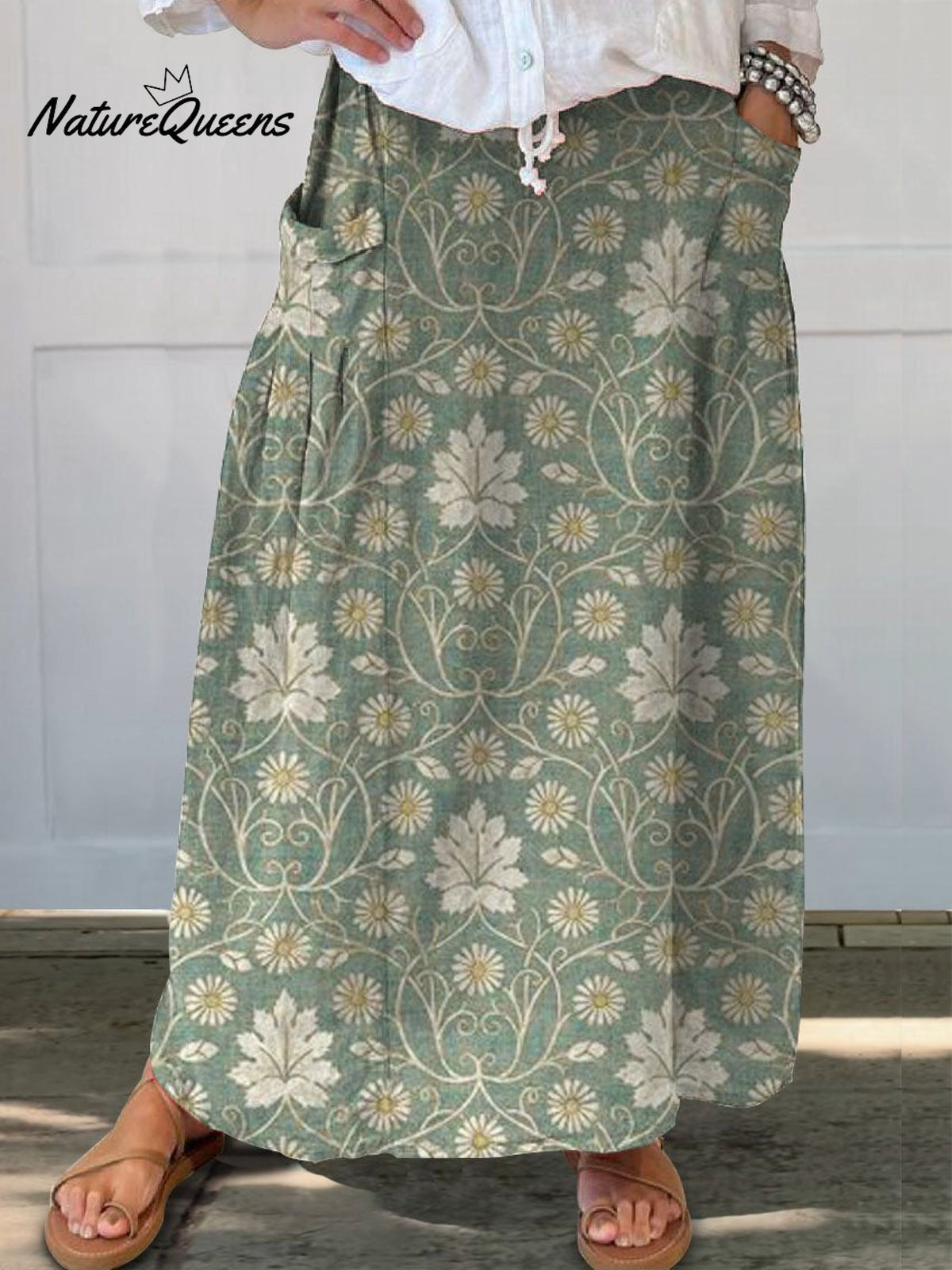 Women’s Retro Floral Art Linen Pocket Skirt Green / S