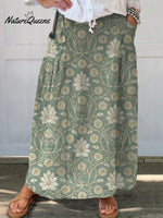 Women’s Retro Floral Art Linen Pocket Skirt Green / S