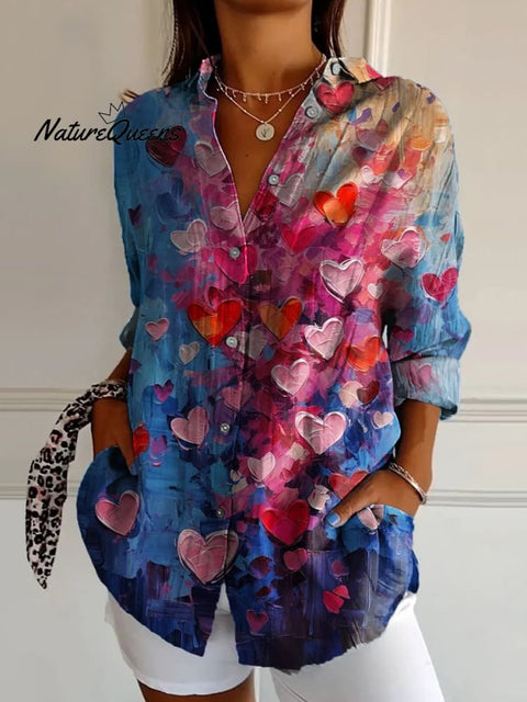 Women's Texture of Love Print Casual Cotton Shirt