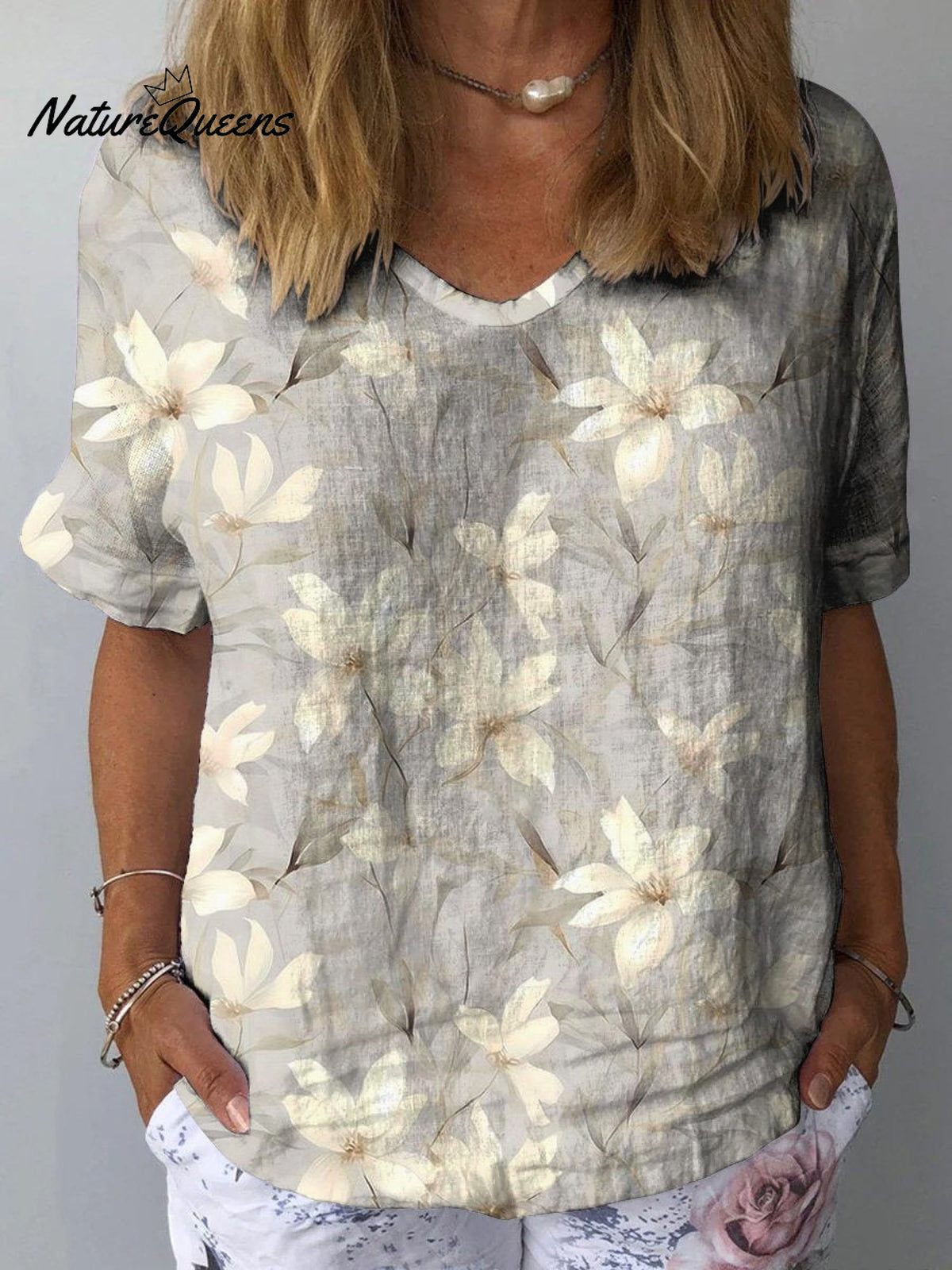 White Magnolia Blossom Repeat Pattern Printed Women’s Casual Cotton And Linen Shirt Multicolor / S