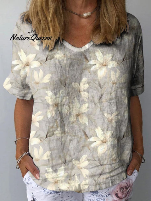 White Magnolia Blossom Repeat Pattern Printed Women’s Casual Cotton And Linen Shirt Multicolor / S