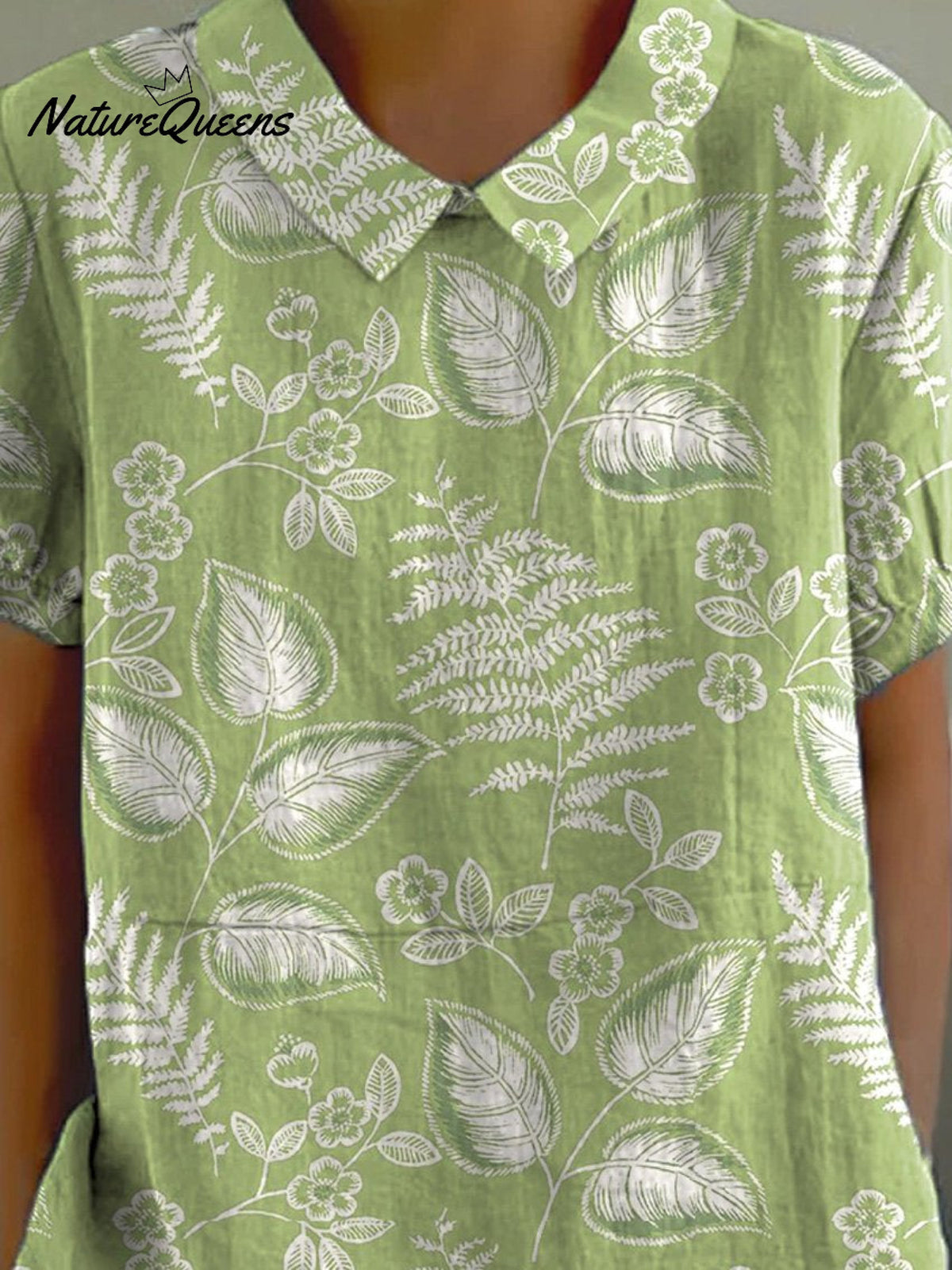 Green Spring Meadows Pattern Printed Women's Casual Cotton And Linen Shirt